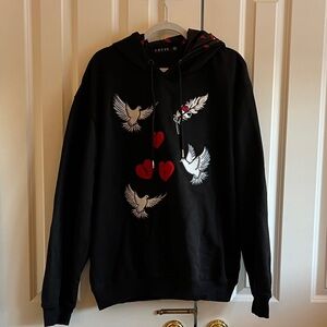 Focus Black Hoodie with Dove and Heart Motif